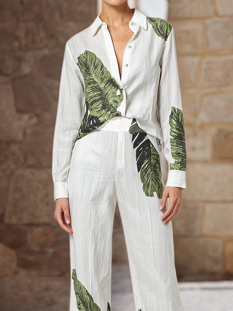 Linen Shirt Breathable - UOOZEE Women's Spring Green Leaf Printed