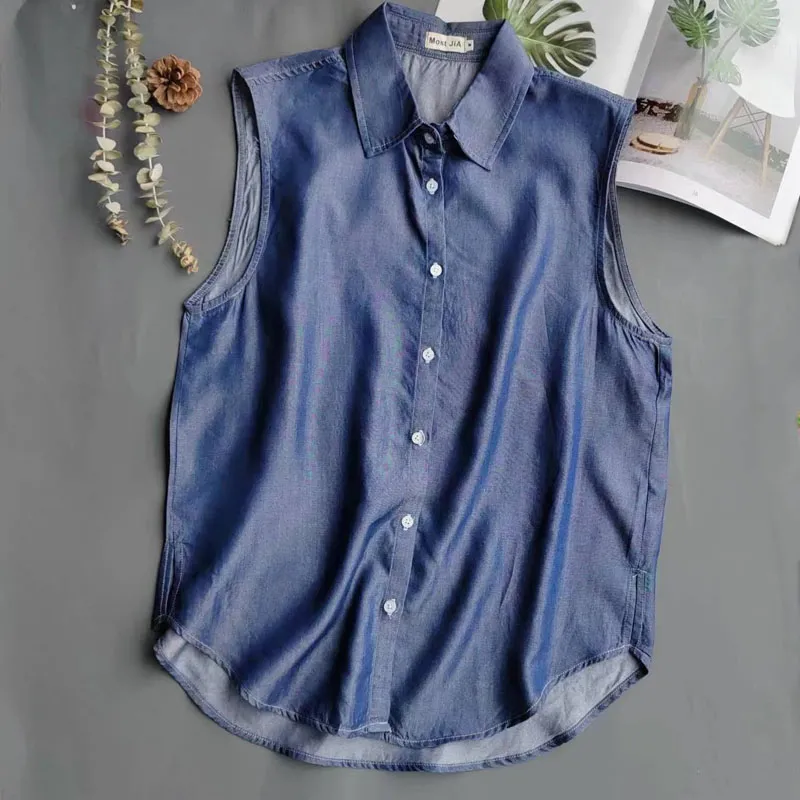 Women's Blue Sleeveless Denim  - đánh giá và giá Shirt Camp Collar