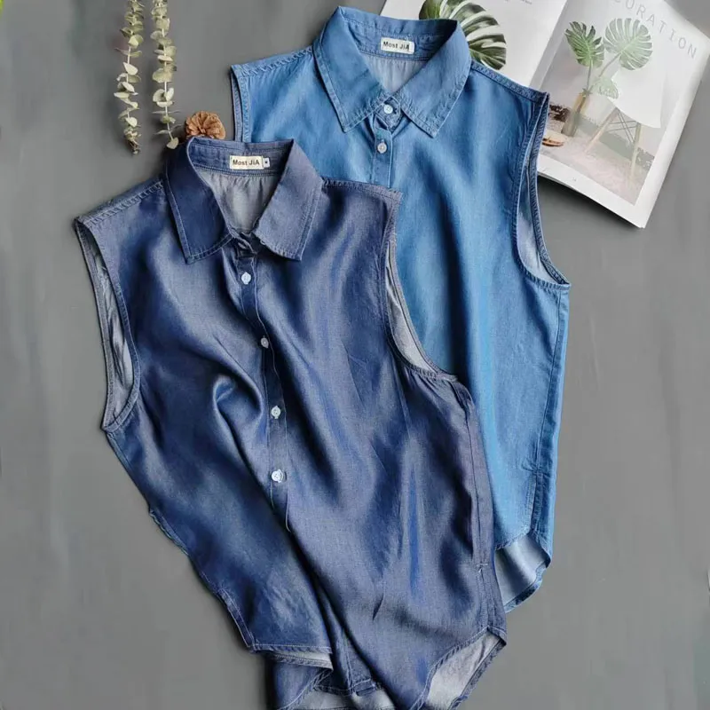 Women's Blue Sleeveless Denim  - đánh giá và giá Shirt Camp Collar