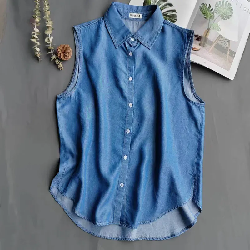 Women's Blue Sleeveless Denim  - đánh giá và giá Shirt Camp Collar